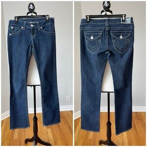 True Religion straight cut size 29 denim jeans with tabbed pockets white stitch